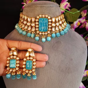 Designer Gold Plated Royal Kundan & Blue Beads Choker Style Necklace with Earrings (D381)