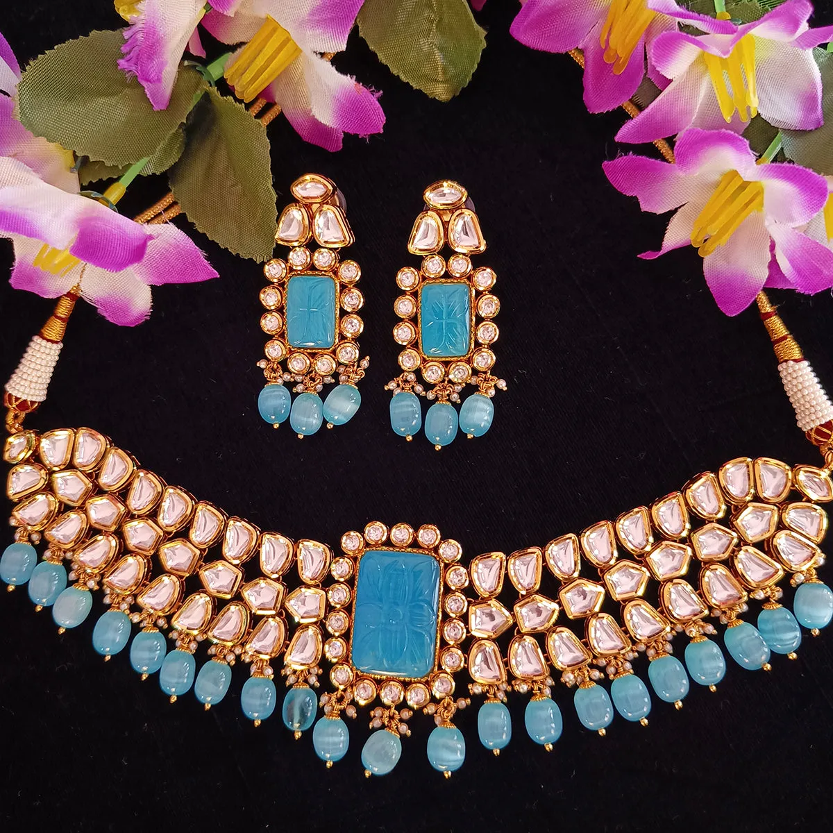 Designer Gold Plated Royal Kundan & Blue Beads Choker Style Necklace with Earrings (D381)