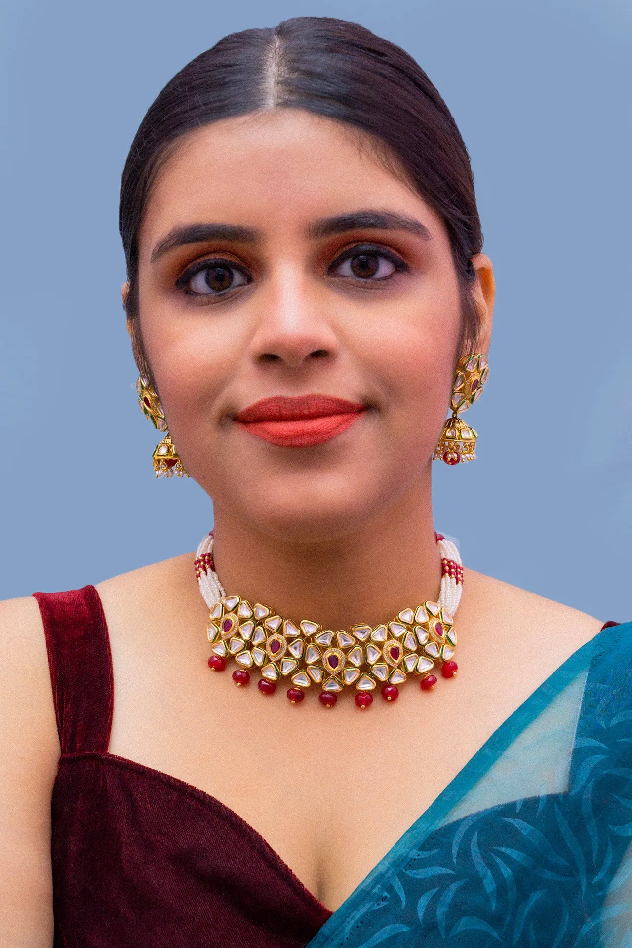 Designer Gold Plated Royal Kundan & Choker Style Necklace with Earrings (D371)