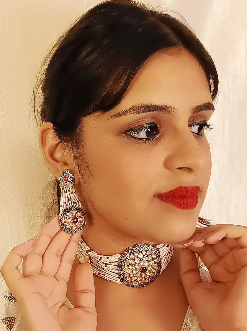 Designer Gold Plated Royal Kundan & Choker Style Necklace With Earrings (D396)