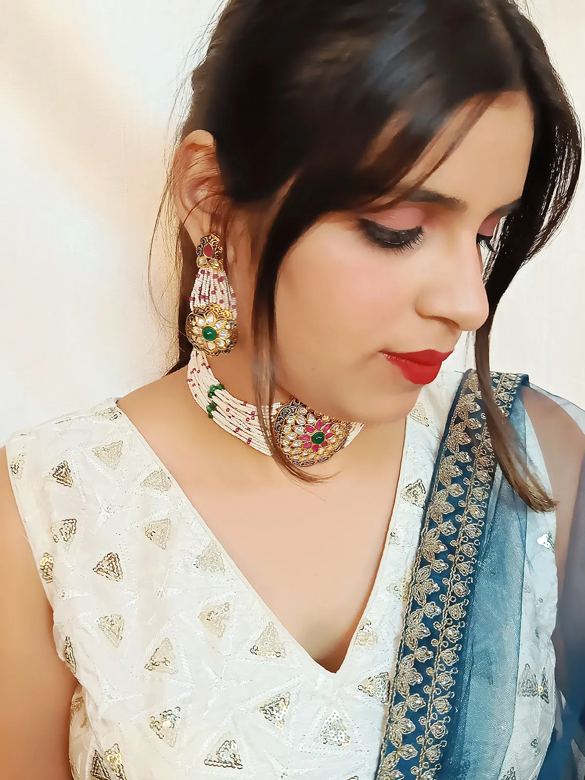 Designer Gold Plated Royal Kundan & Choker Style Necklace With Earrings (D396)