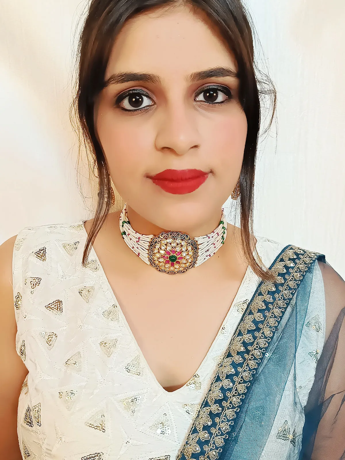Designer Gold Plated Royal Kundan & Choker Style Necklace With Earrings (D396)