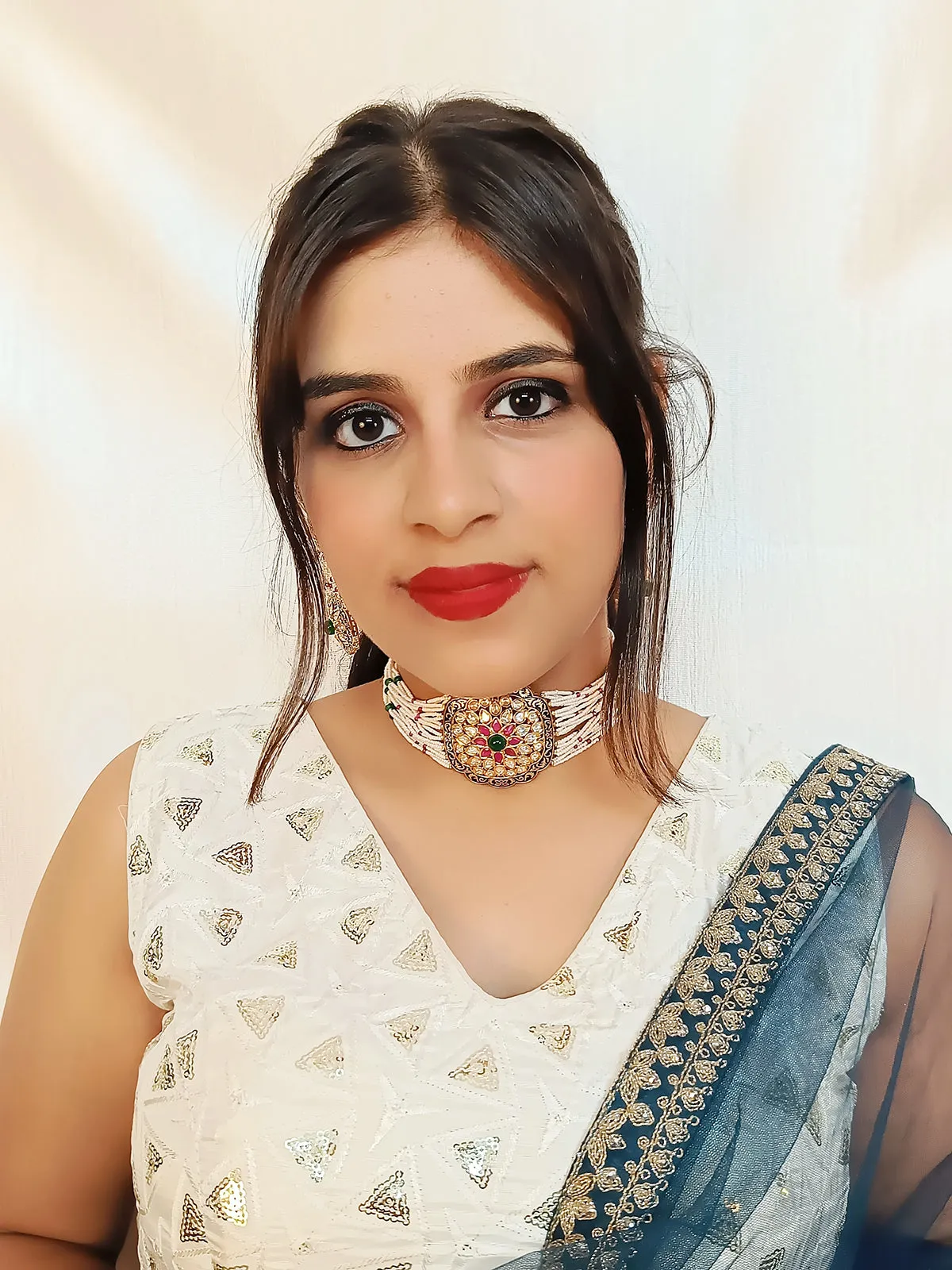 Designer Gold Plated Royal Kundan & Choker Style Necklace With Earrings (D396)