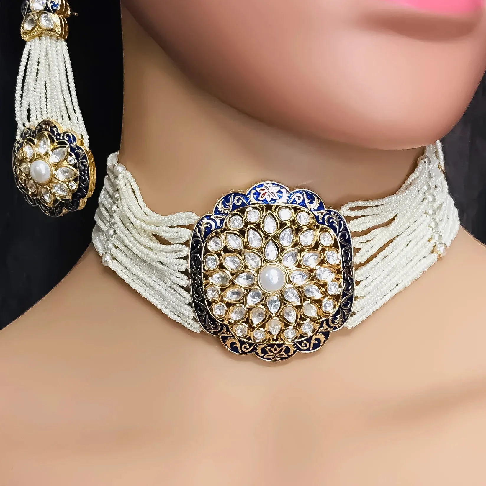 Designer Gold Plated Royal Kundan & Choker Style Necklace With Earrings (D396)