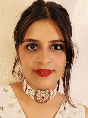 Designer Gold Plated Royal Kundan & Choker Style Necklace With Earrings (D396)