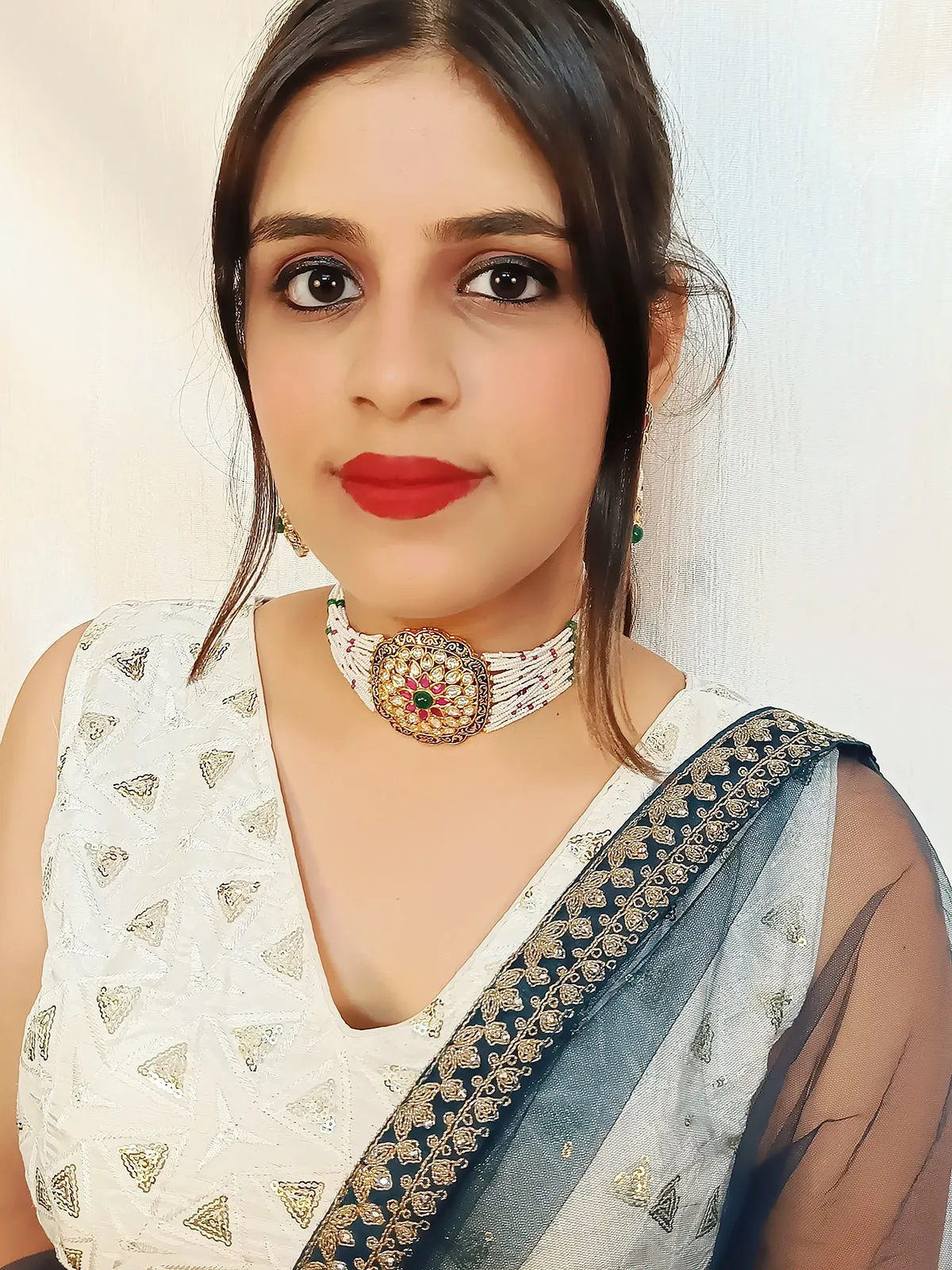 Designer Gold Plated Royal Kundan & Choker Style Necklace With Earrings (D396)