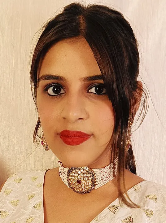 Designer Gold Plated Royal Kundan & Choker Style Necklace With Earrings (D396)
