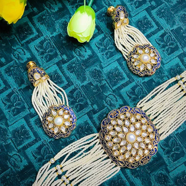 Designer Gold Plated Royal Kundan & Choker Style Necklace With Earrings (D396)