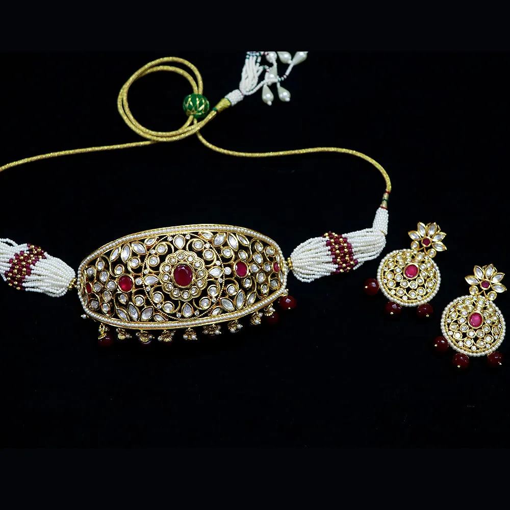 Designer Gold Plated Royal Kundan & Ruby Choker Style Necklace with Earrings (D488)