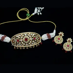 Designer Gold Plated Royal Kundan & Ruby Choker Style Necklace with Earrings (D488)