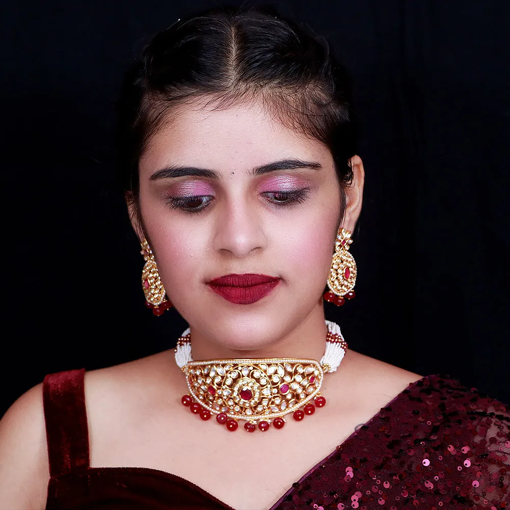 Designer Gold Plated Royal Kundan & Ruby Choker Style Necklace with Earrings (D488)