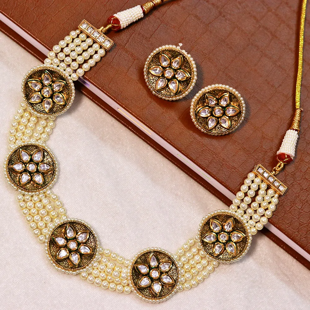 Designer Gold Plated Royal Kundan & Ruby Choker Style Necklace with Earrings (D501)