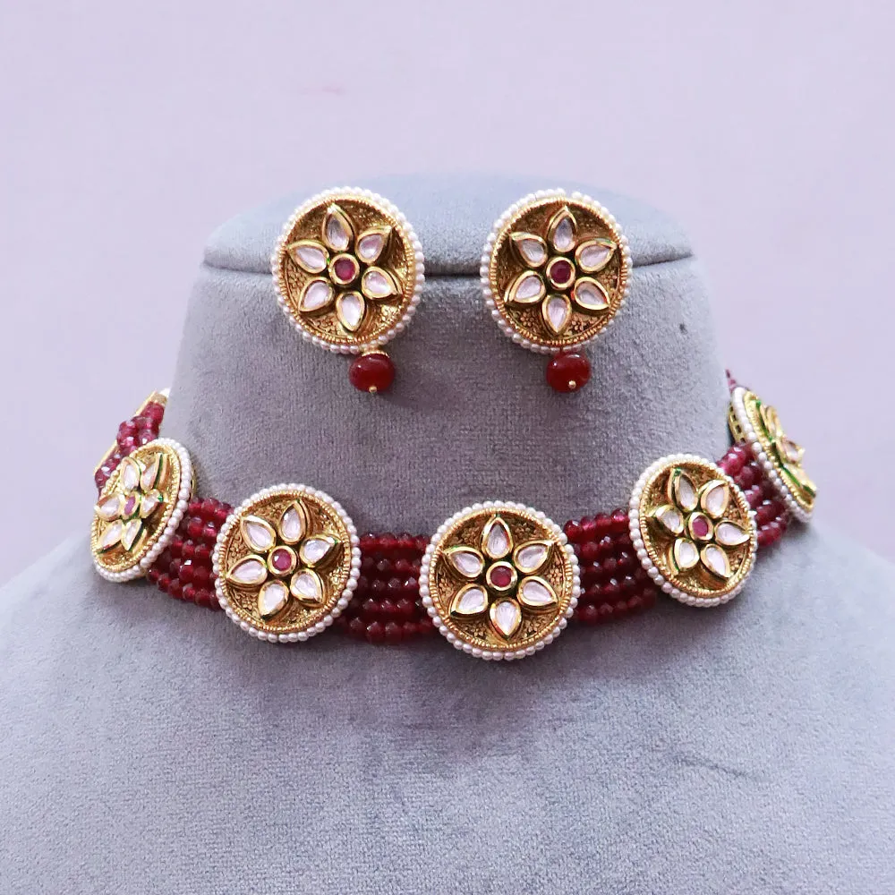 Designer Gold Plated Royal Kundan & Ruby Choker Style Necklace with Earrings (D501)
