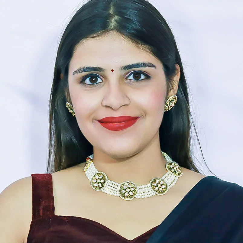 Designer Gold Plated Royal Kundan & Ruby Choker Style Necklace with Earrings (D501)