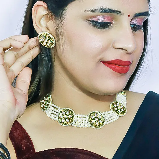 Designer Gold Plated Royal Kundan & Ruby Choker Style Necklace with Earrings (D501)