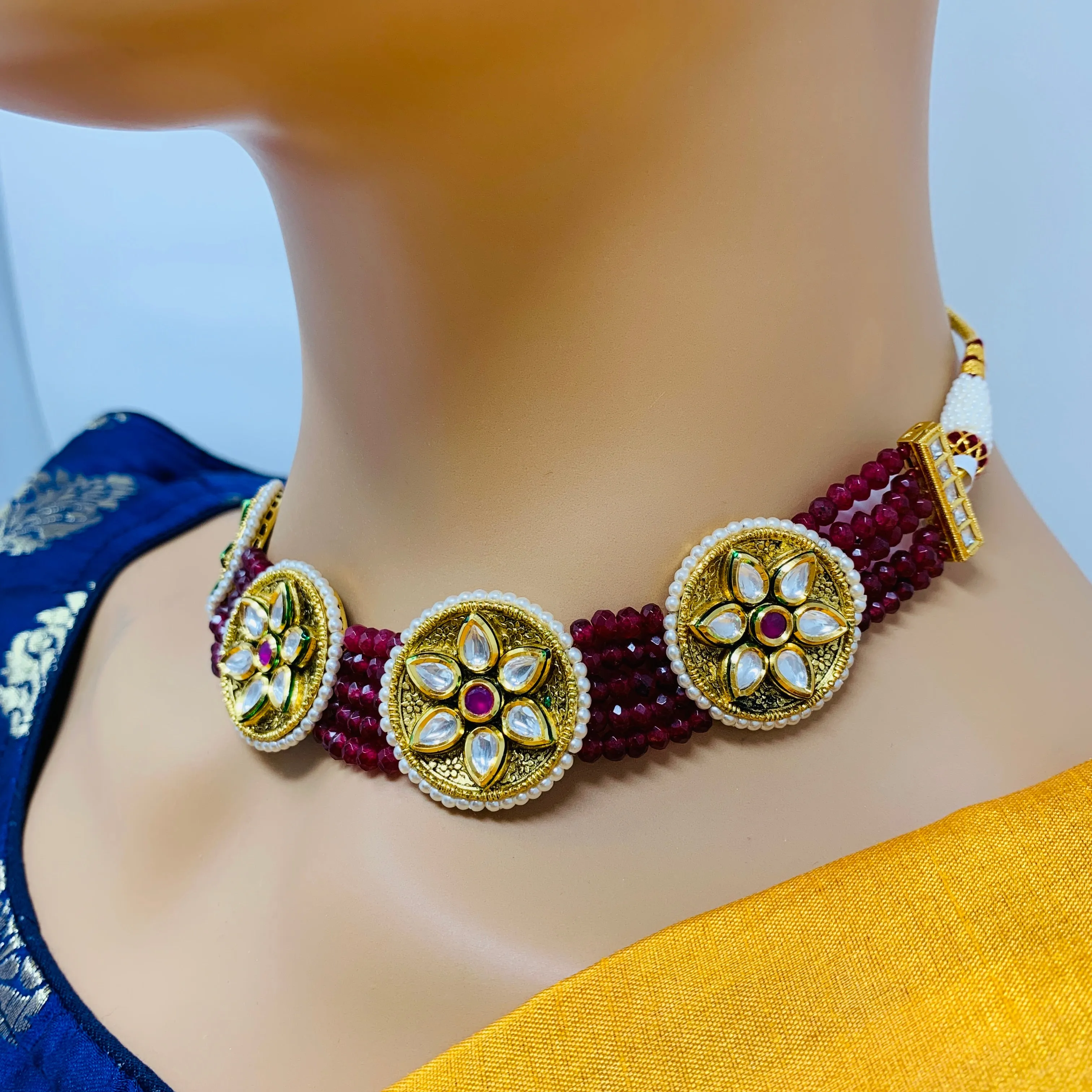 Designer Gold Plated Royal Kundan & Ruby Choker Style Necklace with Earrings (D501)
