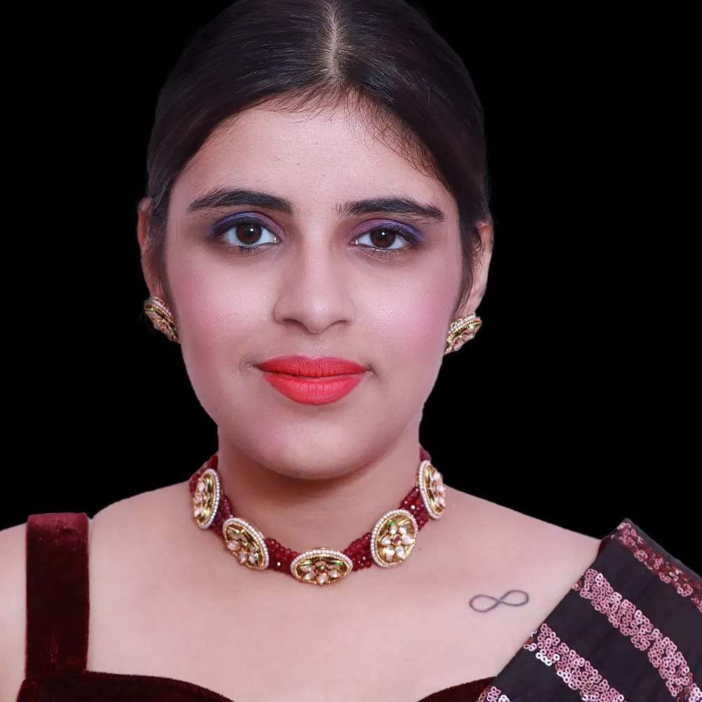 Designer Gold Plated Royal Kundan & Ruby Choker Style Necklace with Earrings (D501)