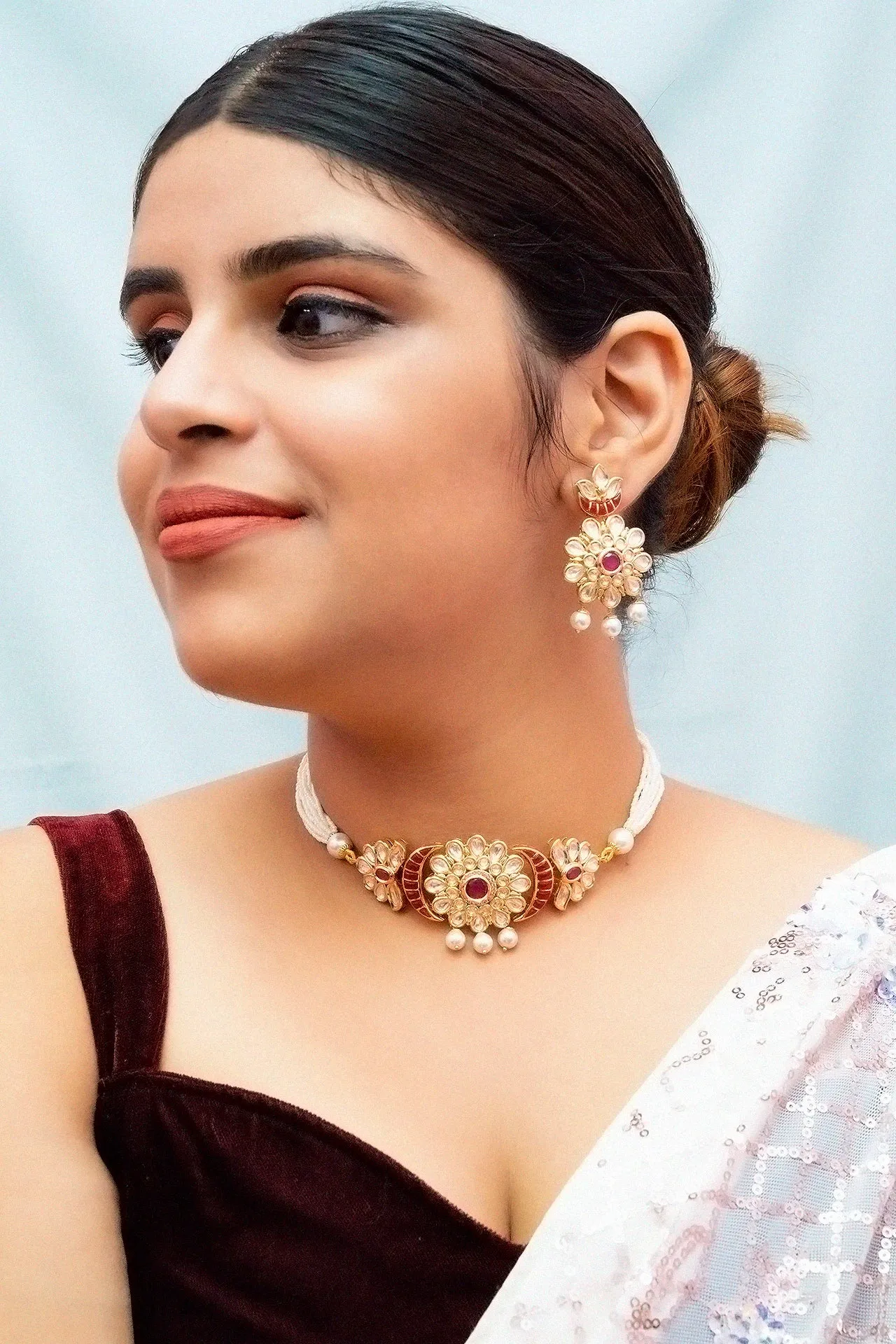 Designer Gold Plated Royal Kundan & Ruby Choker Style Necklace with Earrings (D820)