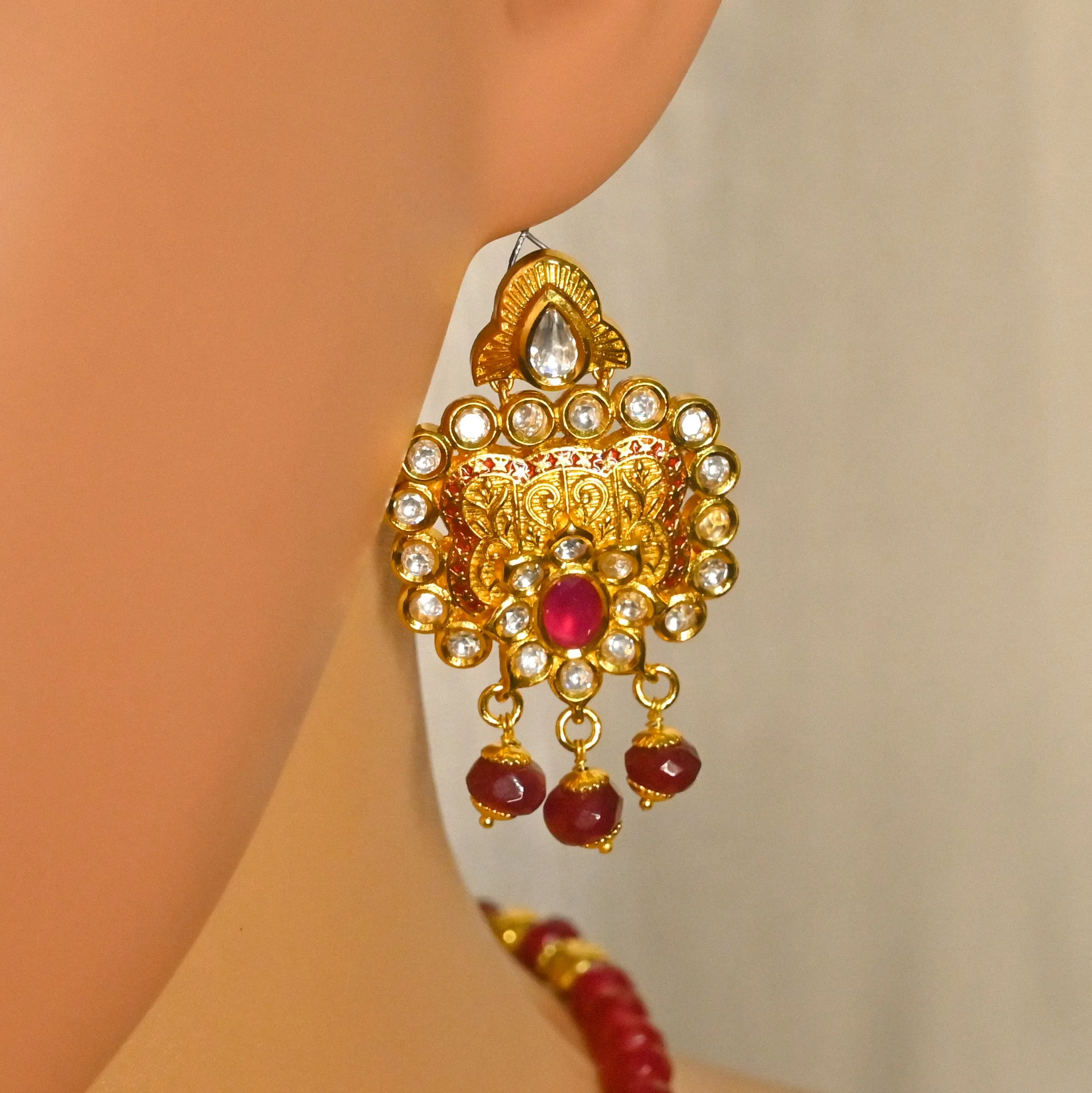 Designer Gold Plated Royal Kundan & Ruby Pendant Set (D733)