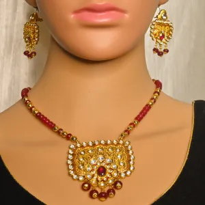 Designer Gold Plated Royal Kundan & Ruby Pendant Set (D733)