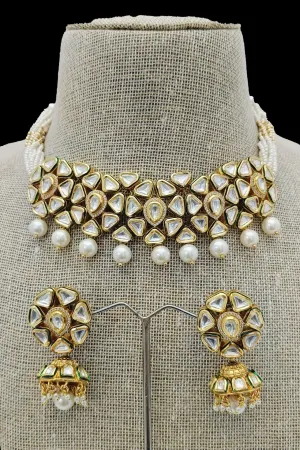Designer Gold Plated Royal Kundan Choker Style Necklace with Earrings (D370)