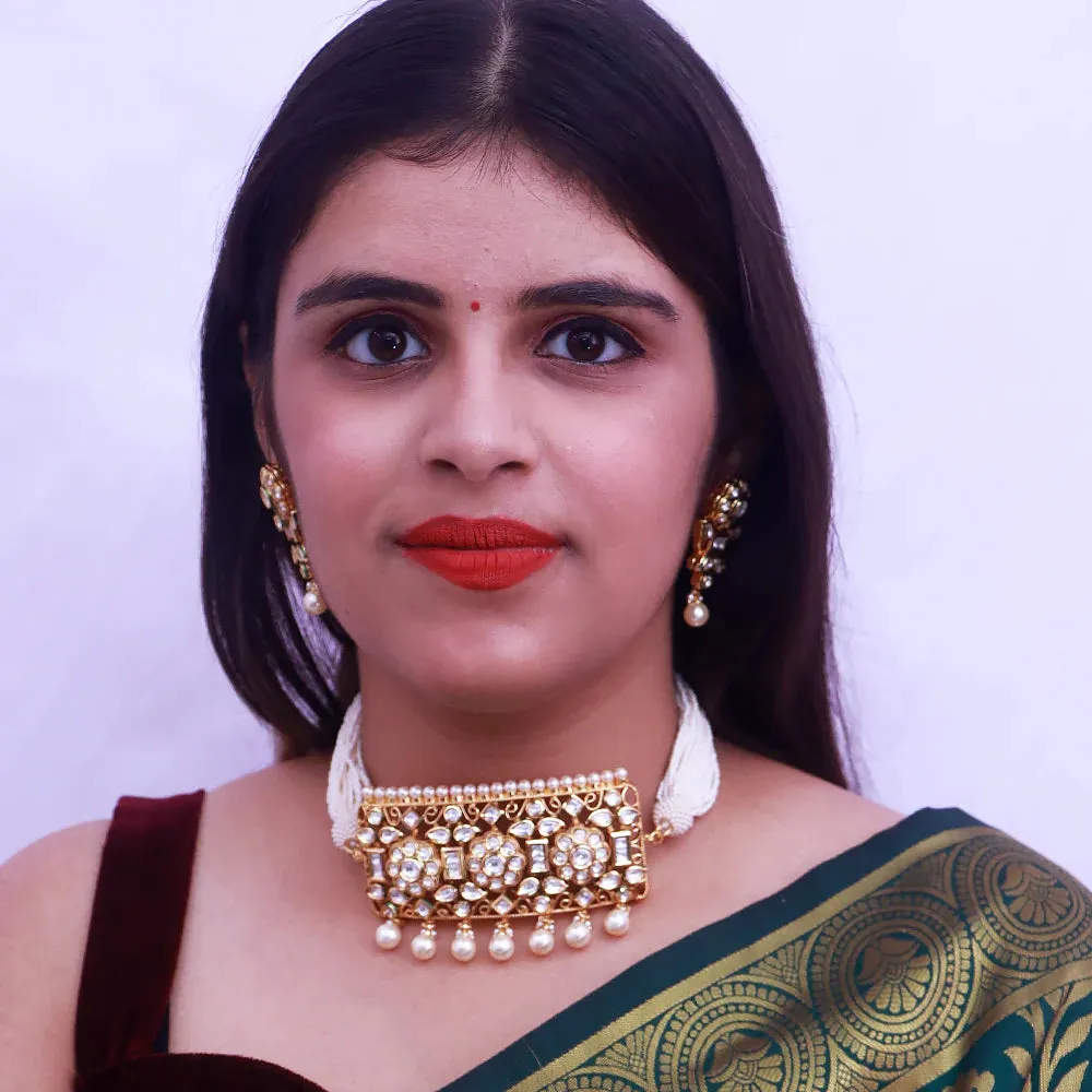 Designer Gold Plated Royal Kundan Choker Style Necklace with Earrings (D519)