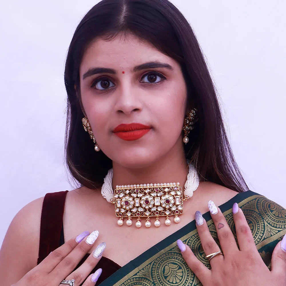 Designer Gold Plated Royal Kundan Choker Style Necklace with Earrings (D519)