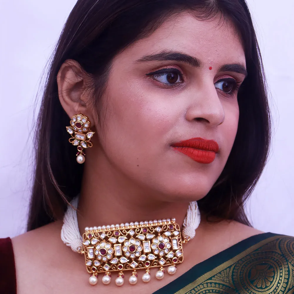 Designer Gold Plated Royal Kundan Choker Style Necklace with Earrings (D519)