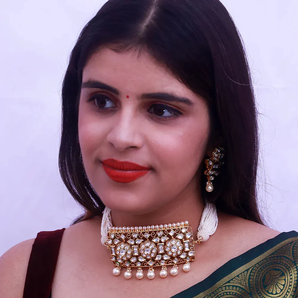 Designer Gold Plated Royal Kundan Choker Style Necklace with Earrings (D519)