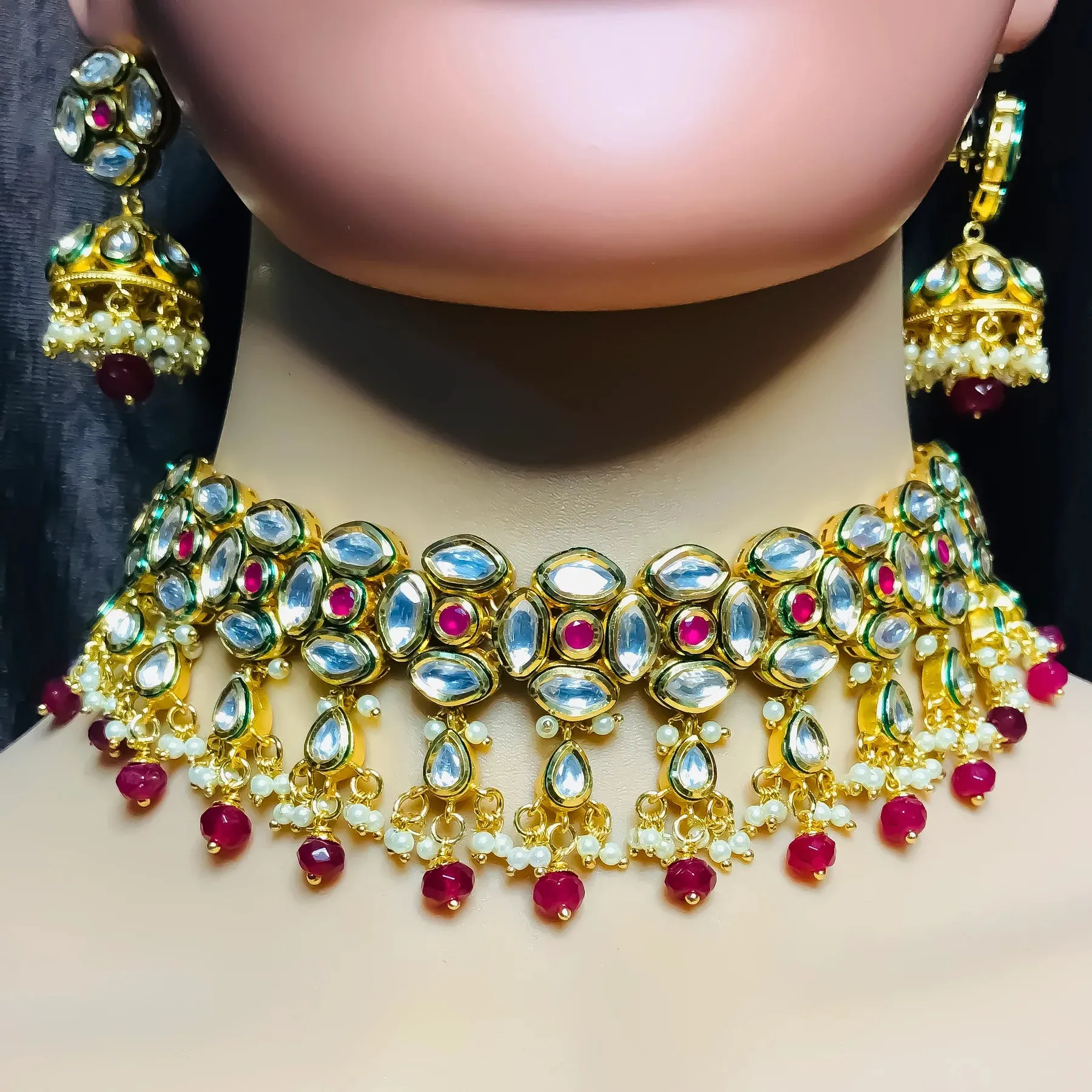 Designer Gold Plated Royal Kundan Choker Style Necklace with Earrings (D757)