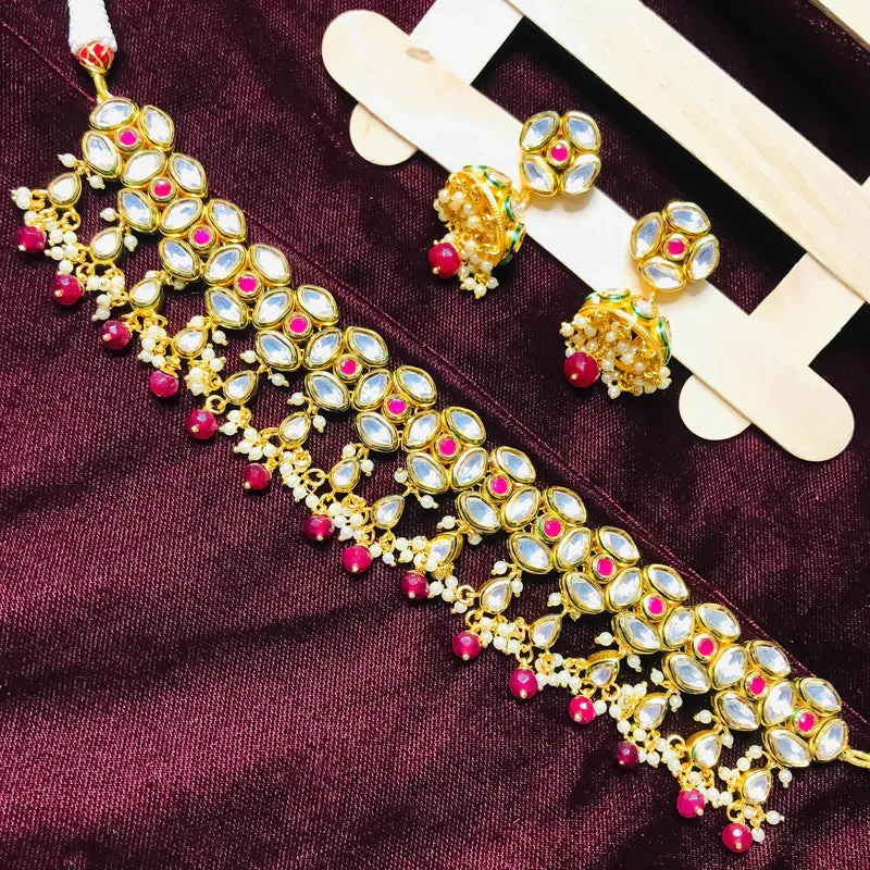 Designer Gold Plated Royal Kundan Choker Style Necklace with Earrings (D757)