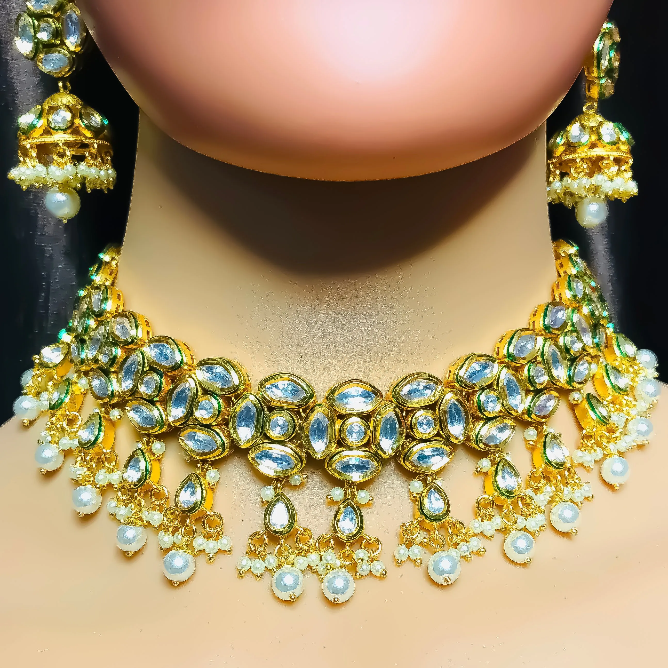 Designer Gold Plated Royal Kundan Choker Style Necklace with Earrings (D757)