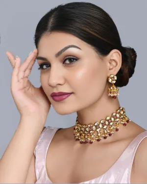 Designer Gold Plated Royal Kundan Choker Style Necklace with Earrings (D757)