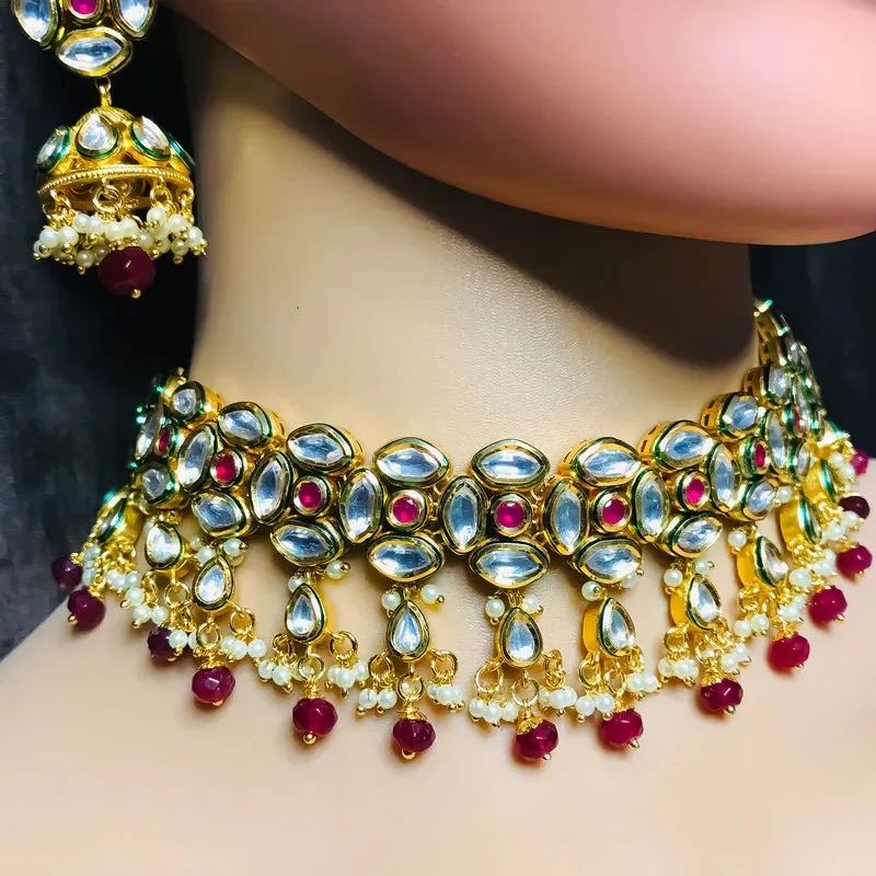 Designer Gold Plated Royal Kundan Choker Style Necklace with Earrings (D757)