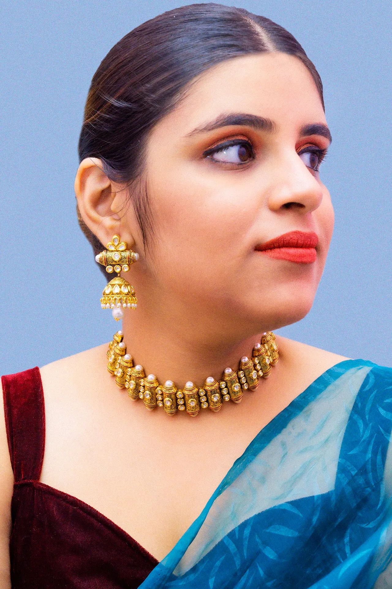 Designer Gold Plated Royal Kundan Choker Style Necklace with Earrings (D885)
