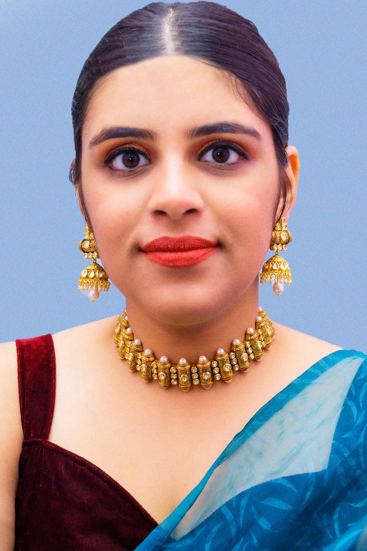 Designer Gold Plated Royal Kundan Choker Style Necklace with Earrings (D885)