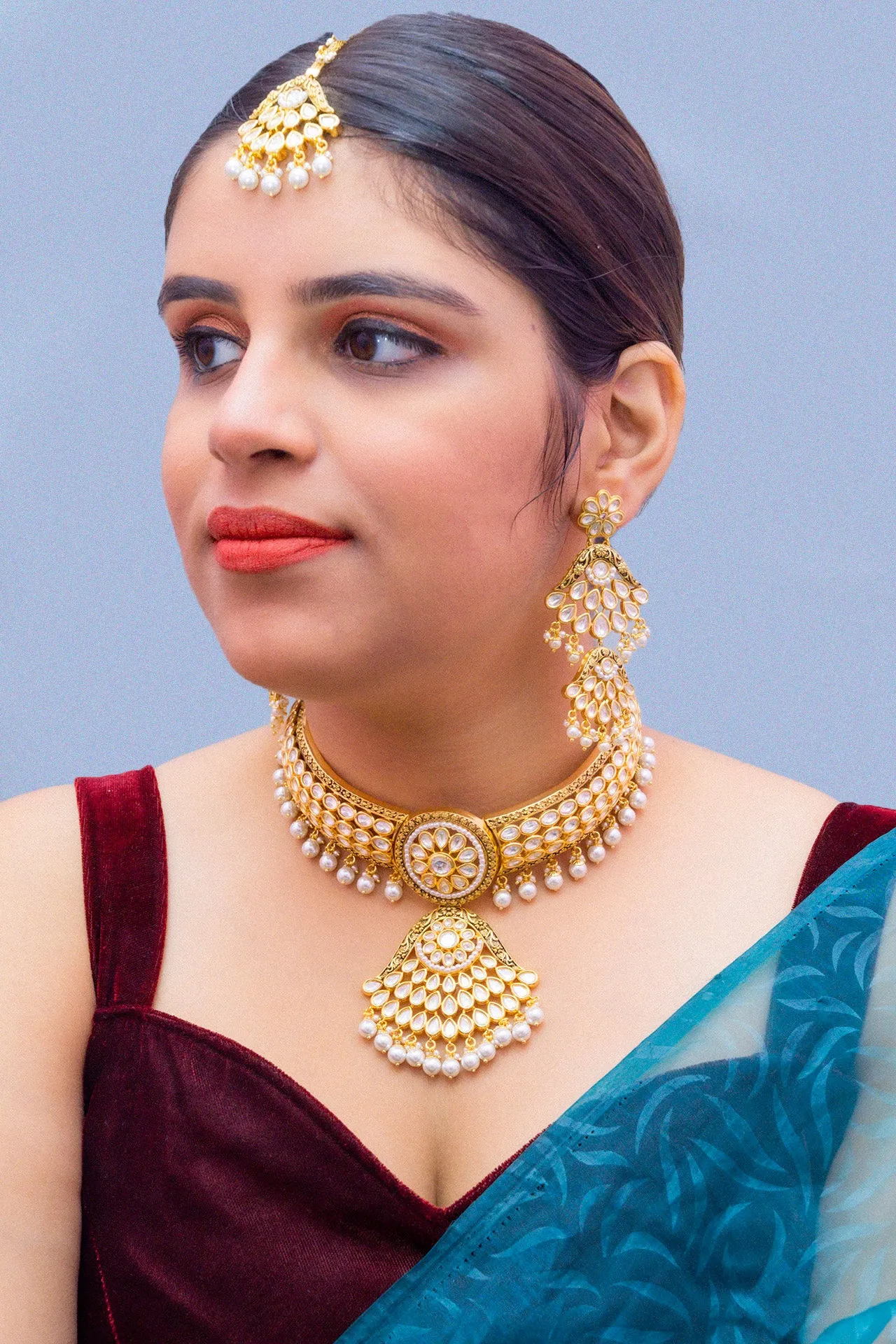 Designer Gold Plated Royal Kundan Choker Style Necklace with Earrings (D887)
