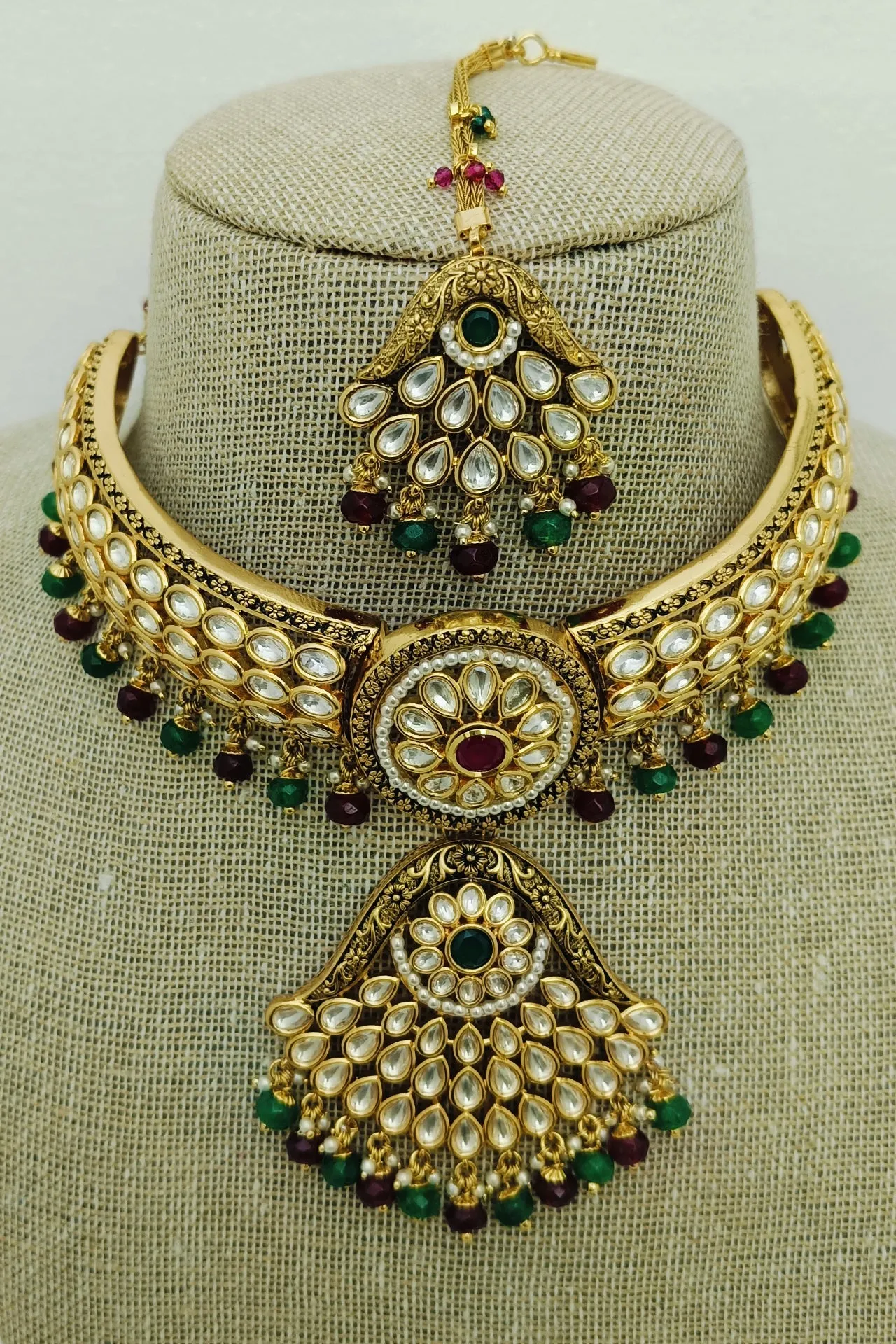 Designer Gold Plated Royal Kundan Choker Style Necklace with Earrings (D887)