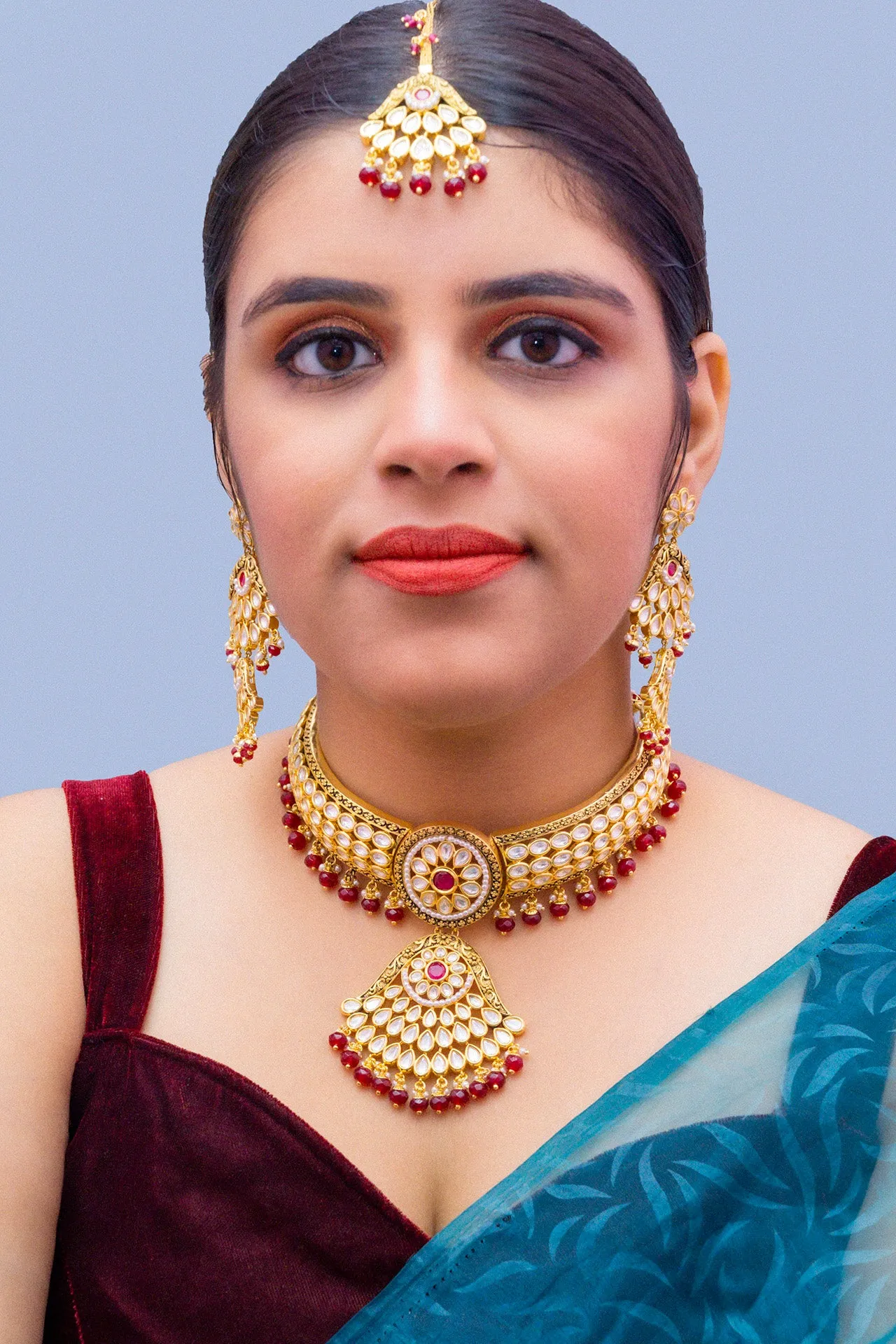 Designer Gold Plated Royal Kundan Choker Style Necklace with Earrings (D887)