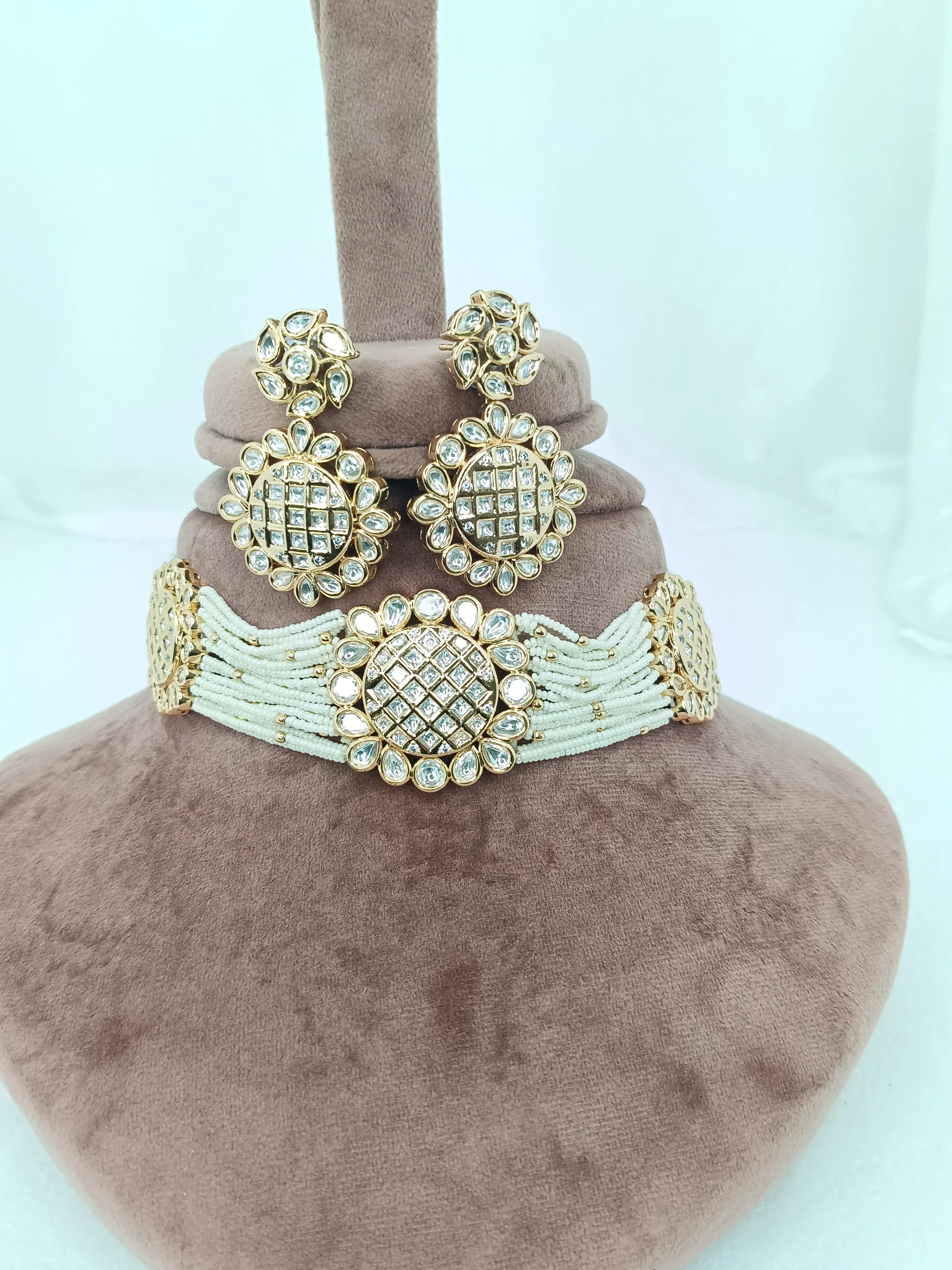Designer Gold Plated Royal Kundan Choker Style Necklace with Earrings (D977)