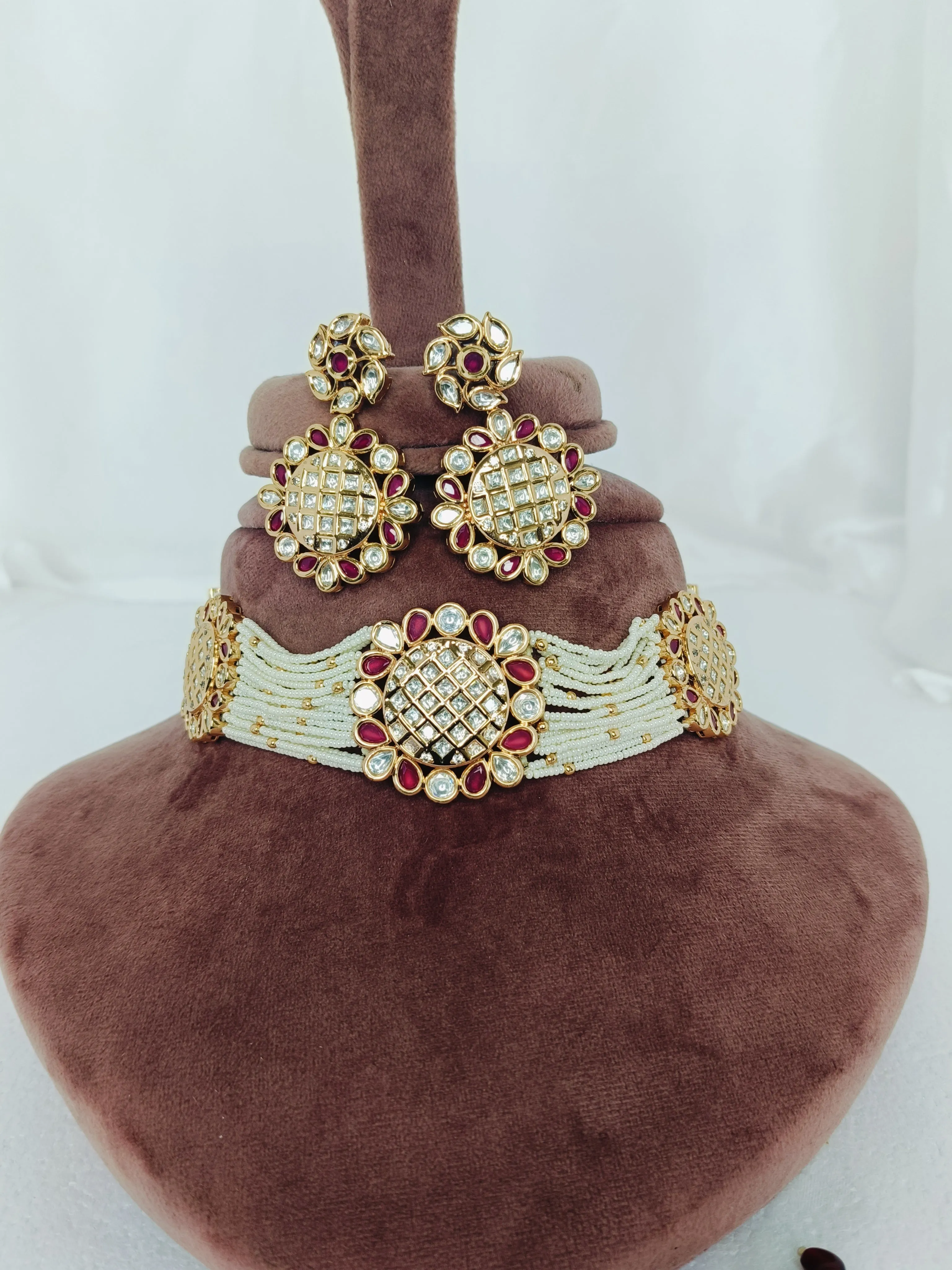 Designer Gold Plated Royal Kundan Choker Style Necklace with Earrings (D977)