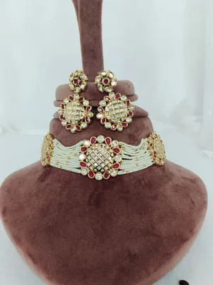 Designer Gold Plated Royal Kundan Choker Style Necklace with Earrings (D977)