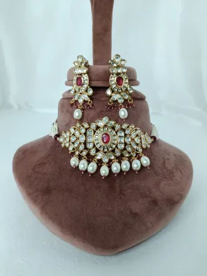Designer Gold Plated Royal Kundan Choker Style Necklace with Earrings (D978)