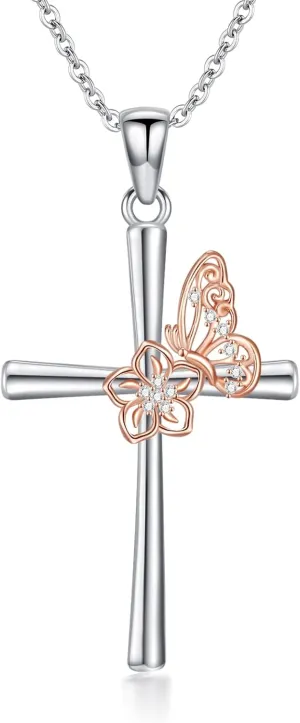 Diamond Cross Necklace for Women 925 Sterling Silver Cross Pendant Necklaces Flower Cross Pendants Jewelry Gifts for Mother's Day Birthday Christmas