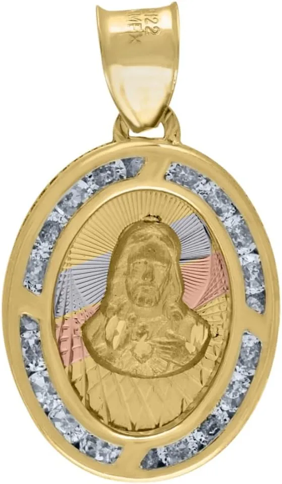Diamond2Deal Mothers Day Gifts 14K Tri-Color Gold Cubic Zirconia Textured Religious Oval Jesus Medal Pendant for Mom Charm Pendant for Mom