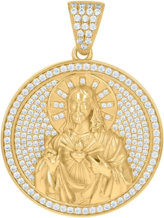 Diamond2Deal Mothers Day Gifts 925 Sterling Silver Yellow-Tone Cubic Zirconia Medal Pendant for Momlion Sacred Heart Of Jesus Religious Charm Pendant for Mom