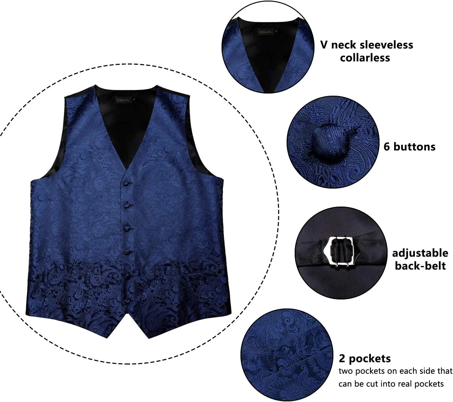 DiBanGu Mens Formal Dress Vest Paisley Jacquard Silk Suit Waistcoat Necktie Bow Tie Set Wedding Party Tuxedo 5PCS