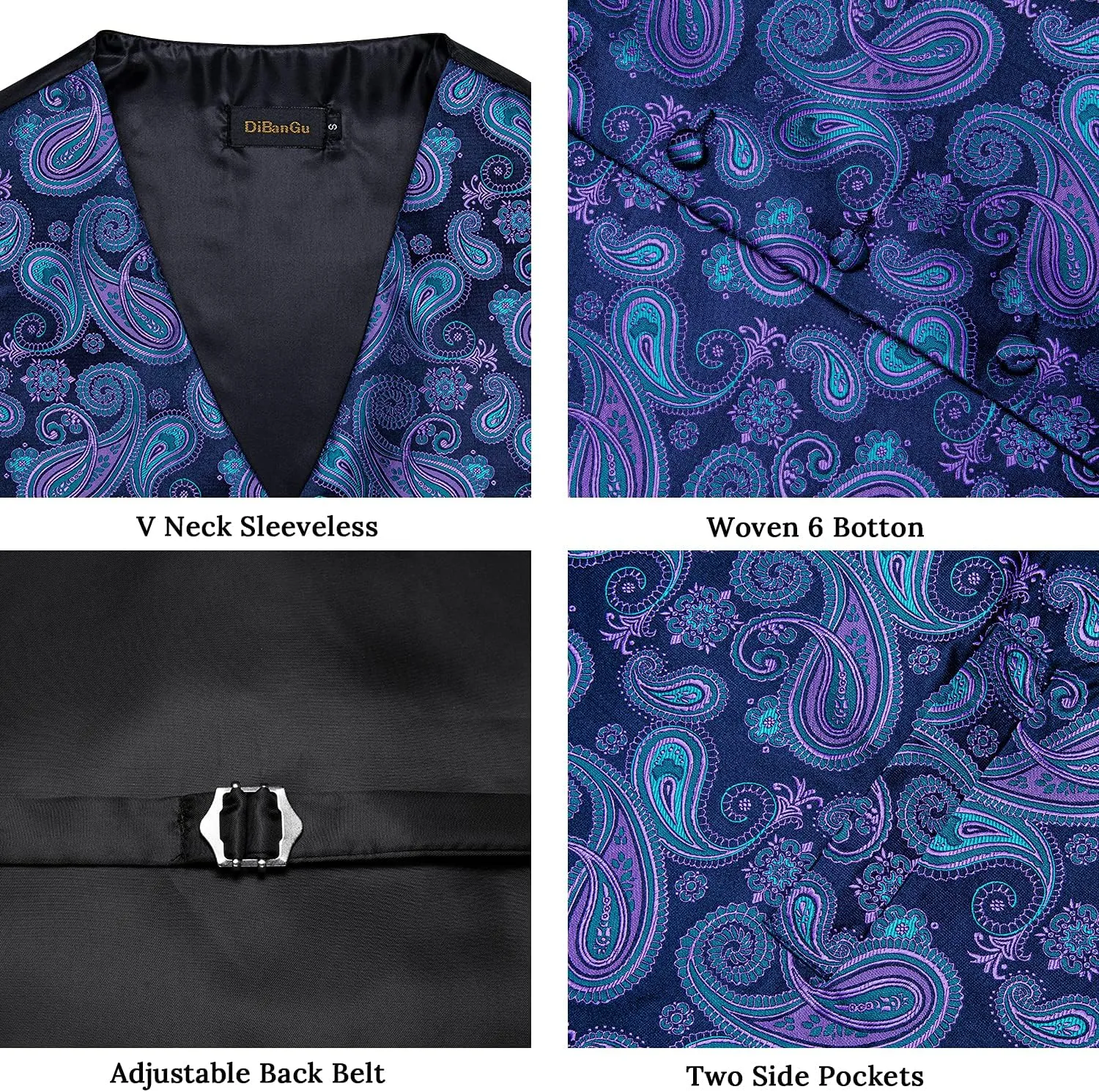 DiBanGu Mens Formal Dress Vest Paisley Jacquard Silk Suit Waistcoat Necktie Bow Tie Set Wedding Party Tuxedo 5PCS