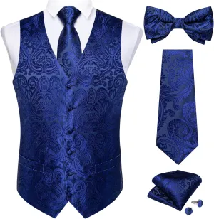 DiBanGu Mens Formal Dress Vest Paisley Jacquard Silk Suit Waistcoat Necktie Bow Tie Set Wedding Party Tuxedo 5PCS