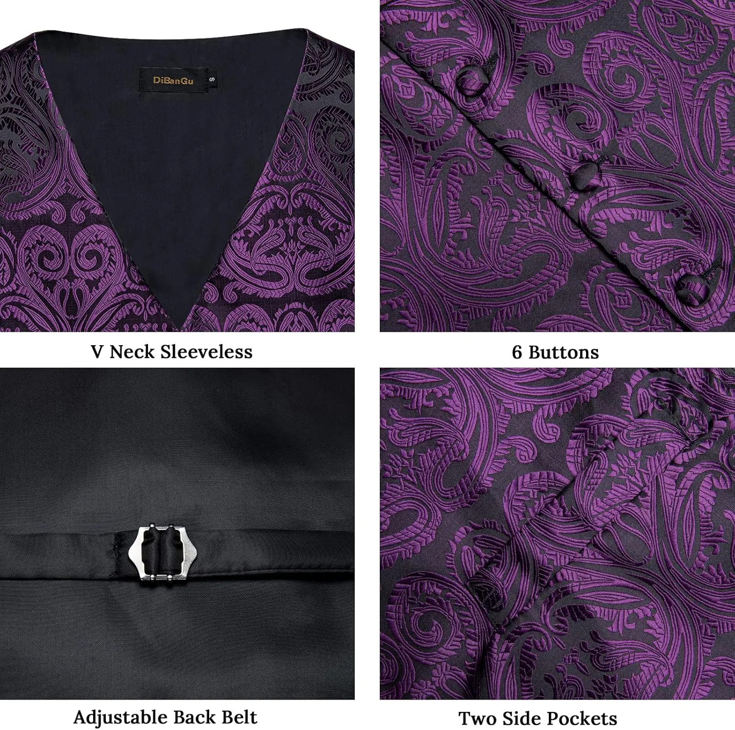 DiBanGu Mens Formal Dress Vest Paisley Jacquard Silk Suit Waistcoat Necktie Bow Tie Set Wedding Party Tuxedo 5PCS